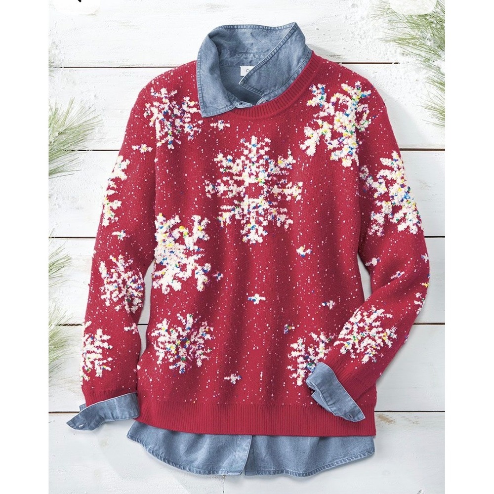 Coldwater Creek Womens Red Snowflake Confetti Knit Sweater Petite Large PL